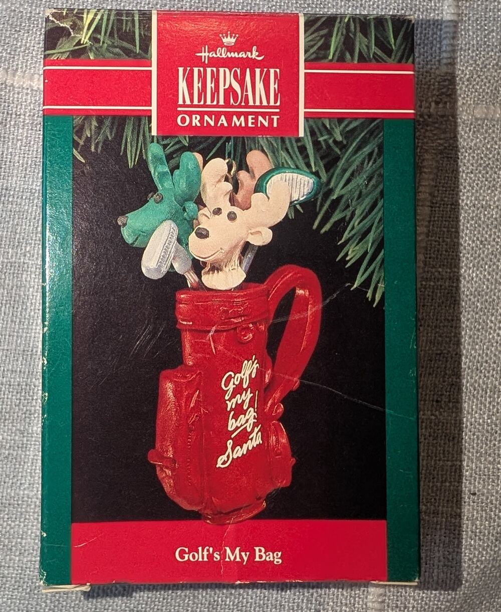 Vintage 1990 Hallmark Golf Christmas Ornament Reindeer Golf's My Bag With Box